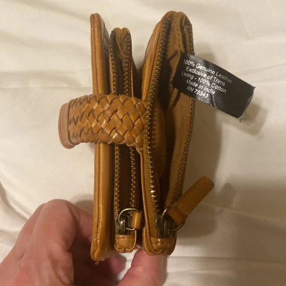Genuine Leather Cognac Clutch Wallet Woven Detail Boho Made in India - Picture 6 of 8